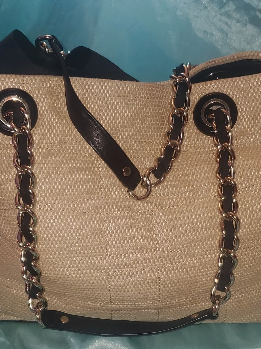 kate spade Neutral Woven Tote with Black Bow Accent